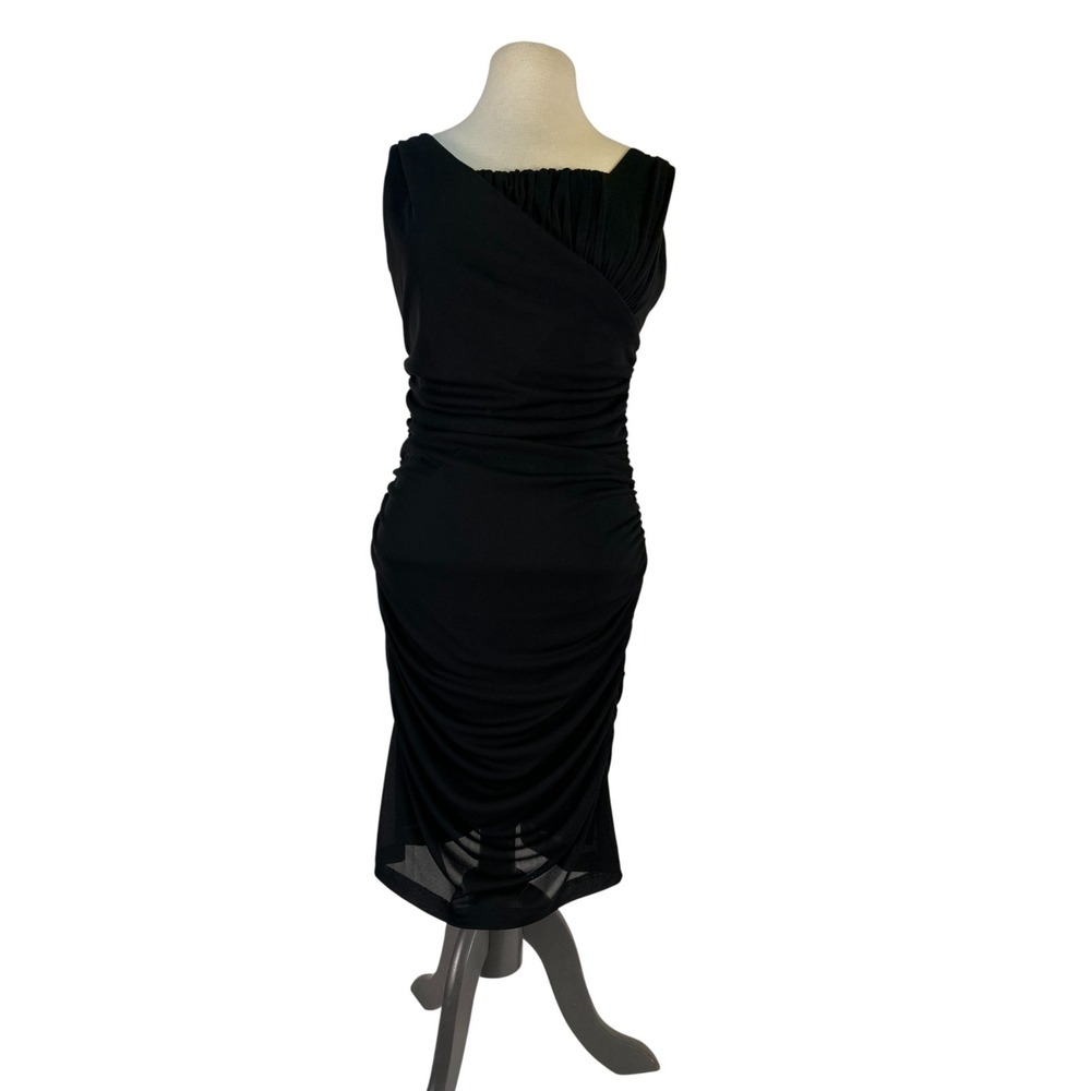David Meister Black Ruched Cocktail Dress Size 10‎ Asymmetrical Neckline LBD
